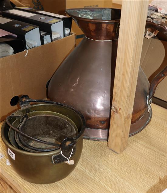 A Victorian 4 gallon copper jug and three brass pans jug 38cm
